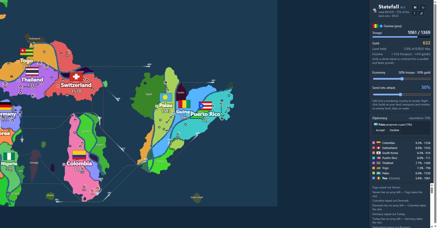 A mid-game Statefall map showing several nations at war, with the sidebar showing troops, gold and the live leaderboard.