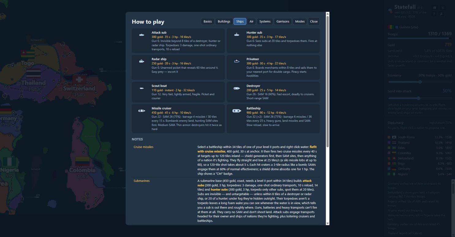 The in-game How to play panel, Ships tab, showing every ship class and its stats.
